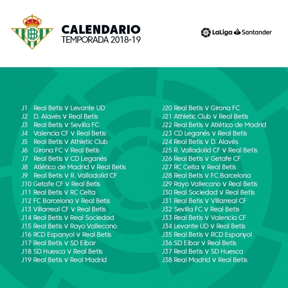 El calendario del Real Betis 2018-19