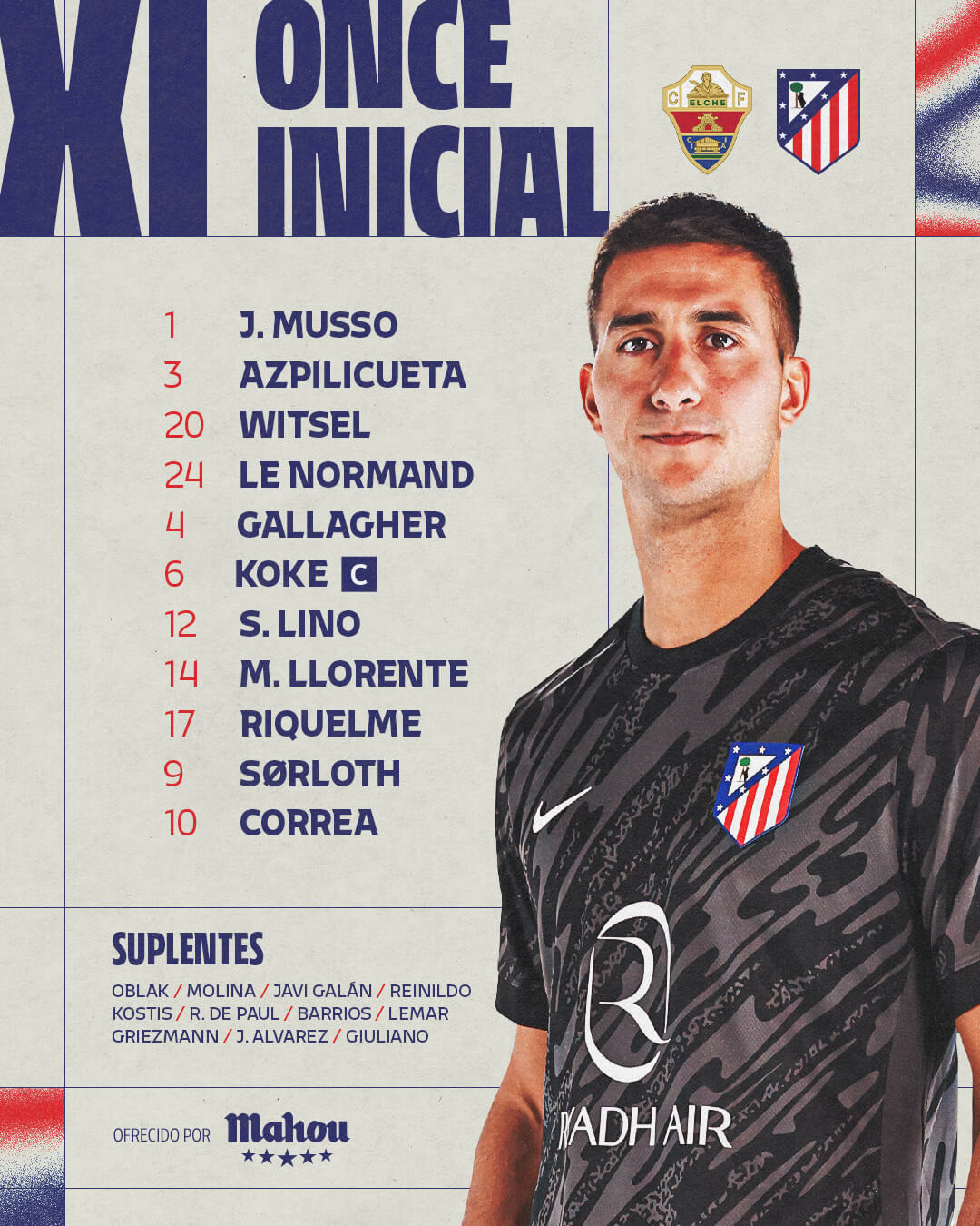 Alineación del Atlético de Madrid ante el Elche (Fuente: Atleti)