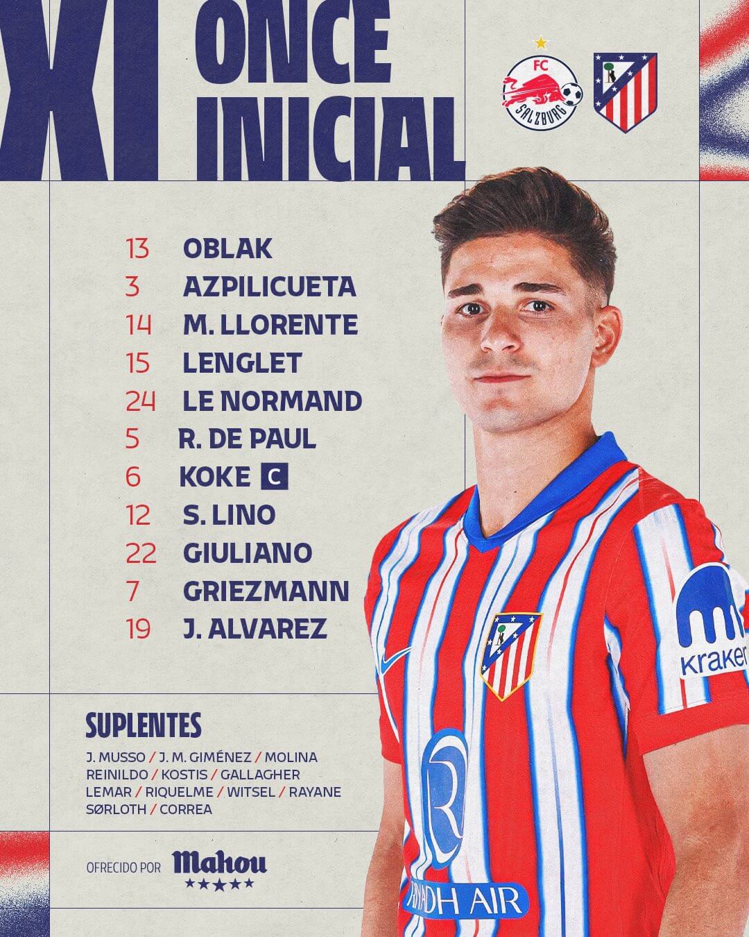 Alineación Atlético vs Salzburgo (Fuente: Atleti)