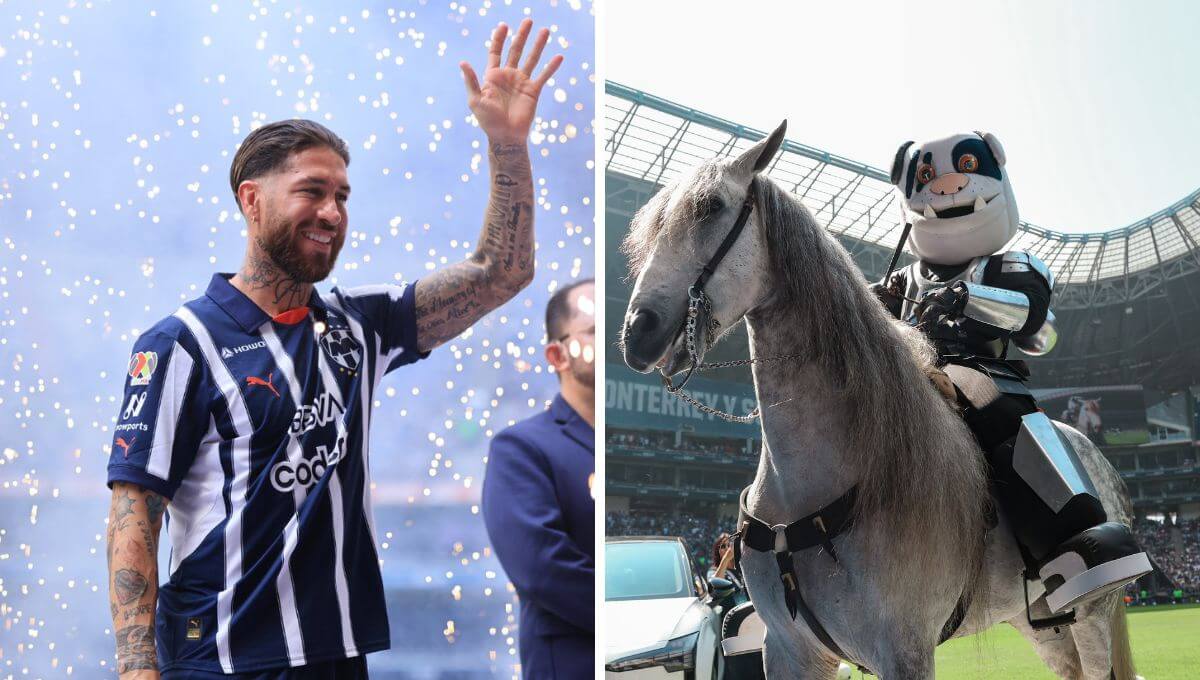 Sergio Ramos, presentado con el Rayados de Monterrey y la mascota a caballo (Foto: @Rayados).