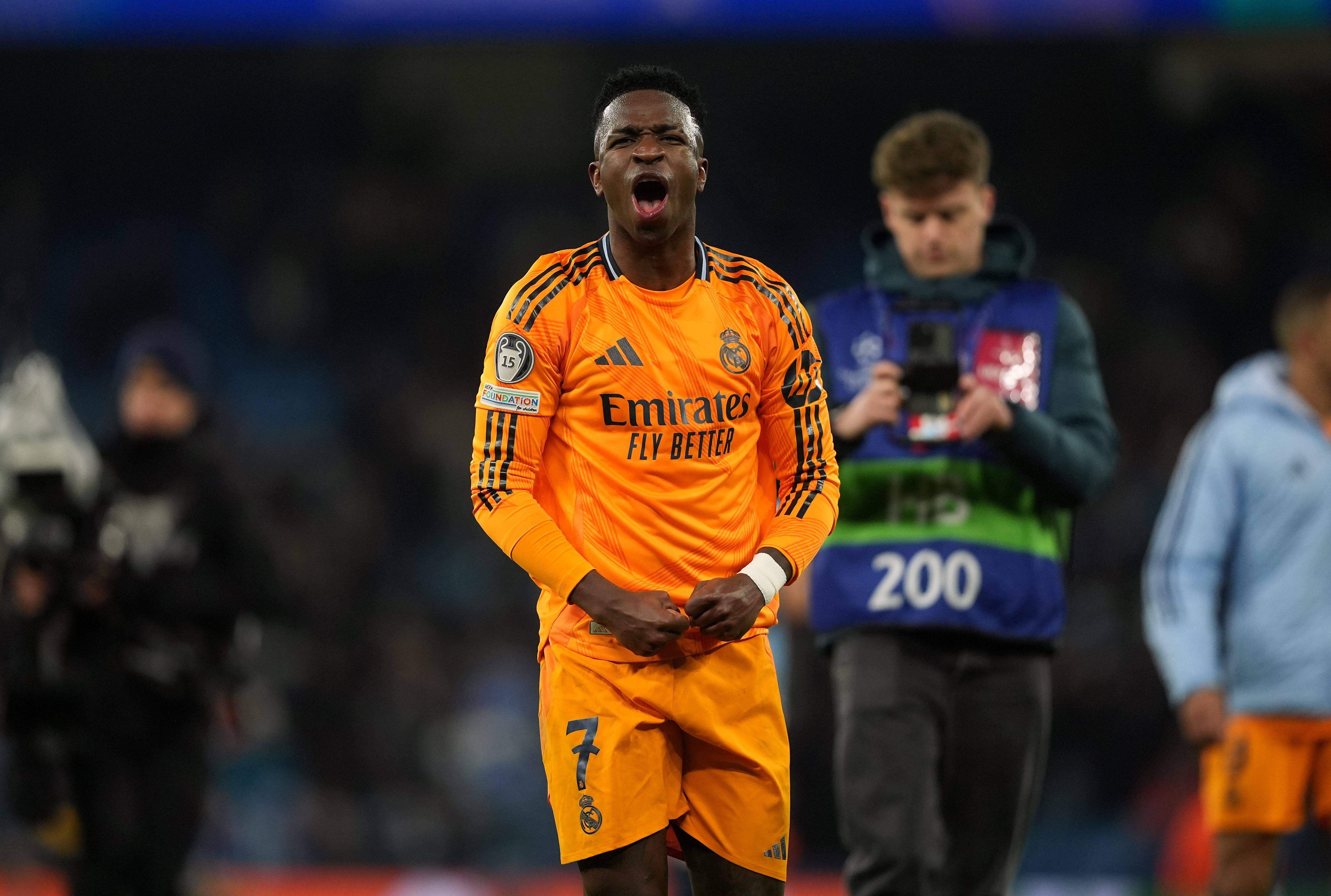 Vinicius celebra un gol del Real Madrid frente al City (FOTO: Cordón Press).