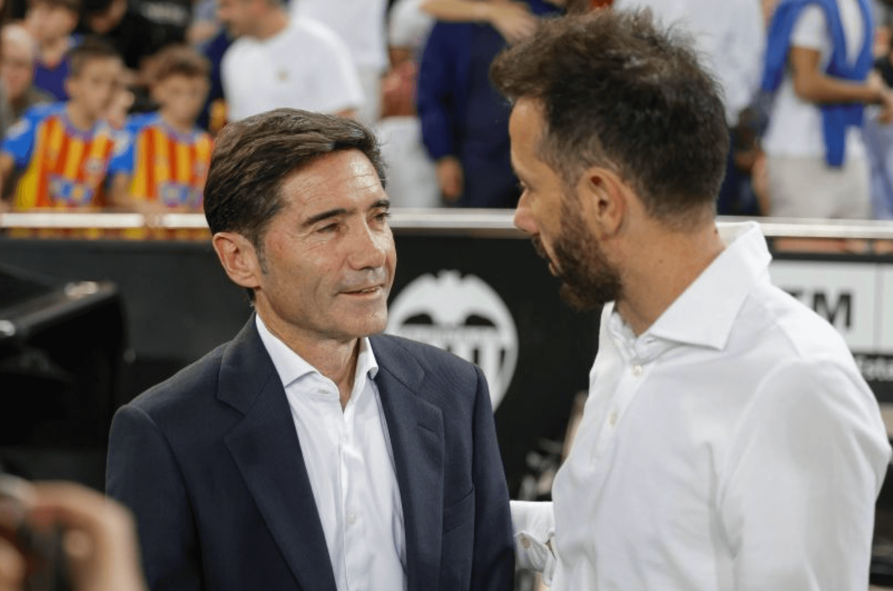 Marcelino y Corberán en Mestalla (Foto: LALIGA)