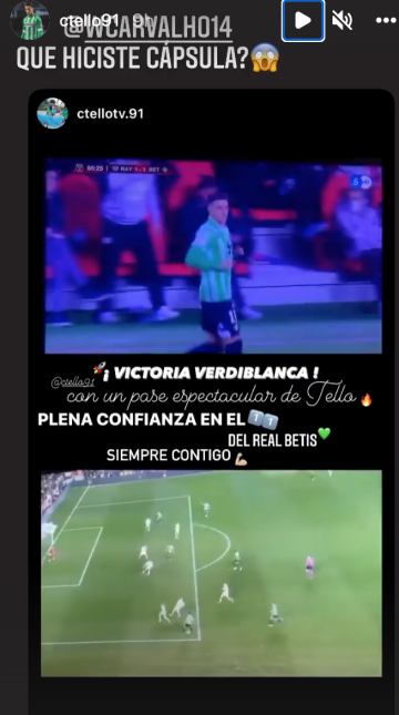Tello reacciona en las redes al gol de William Carvalho.