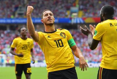 Celebración de uno de los goles de Hazard frente a Túnez.