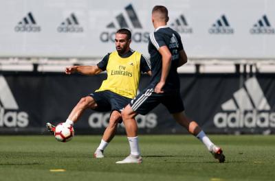 Carvajal, durante el entrenamiento de este jueves (Foto: RMCF). 