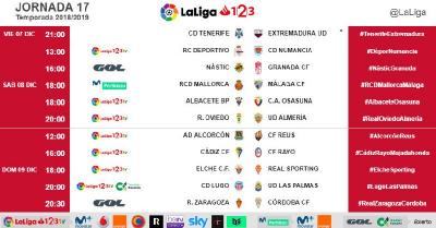 Horarios de la jornada 17 en LaLiga 1|2|3.