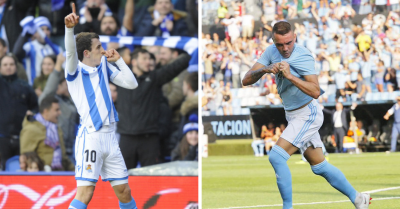 Mikel Oyarzabal e Iago Aspas, escudo de la Real Sociedad y del Celta.