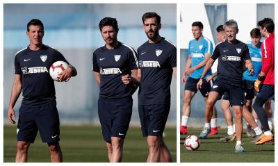 Víctor, junto a Koke Contreras y David Dóniga; a la derecha, Nacho Oria (Fotos: Málaga CF).