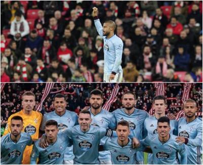 Rafinha y el once inicial del Celta en San Mamés.
