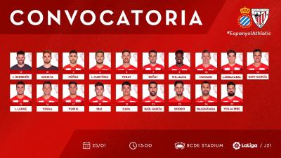 Los 19 convocados por Gaizka Garitano para medirse al Espanyol este sábado (Foto: Athletic Club).