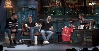 Álex Dujshebaev, Joan Cañellas y Julen Aginagalde con David Broncano en La Resistencia, de Movistar +.