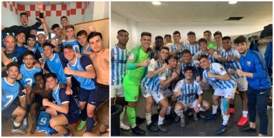 Equipos juveniles del San Félix y del Málaga, celebrando en vestuarios.