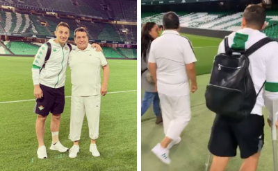 Guardado, con el tobillo visiblemente vendado, tuvo que retirarse en muletas.