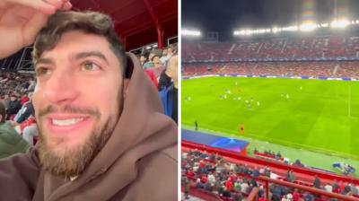Carliyoelnervio, en el Sánchez-Pizjuán viendo el Sevilla contra el PSV.