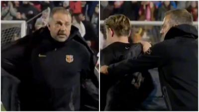 Hansi Flick cede su abrigo a Frenkie de Jong tras el Barbastro-FC Barcelona (Redes Sociales)