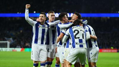 Celebración de gol txuri urdin ante el Rayo. (Foto: Real Sociedad)