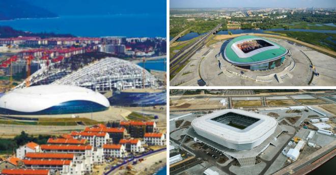 Los tres estadios (Sochi, Kazán y Kaliningrado) en los que España disputará la fase de grupos del Mundial de Rusia 2018.