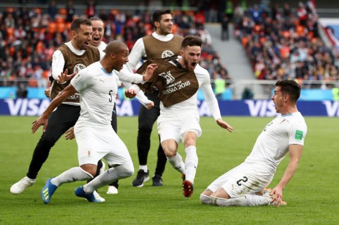 Jose María Giménez celebra su gol durante el Egipto-Uruguay del Mundial de Rusia 2018. Un tanto que supuso la primera victoria de su selección en el campeonato.
