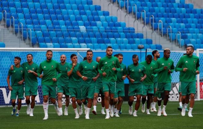 Los jugadores de Marruecos en el entrenamiento previo al duelo ante Irán.