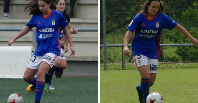 Paula Carballo y Henar, recién renovadas con el Oviedo Femenino, durante un partido la pasada temporada.
