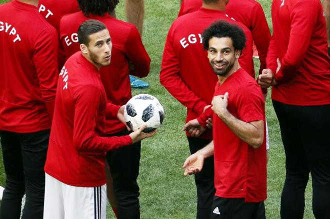 Mohamed Salah, durante el entrenamiento de este lunes con Egipto.