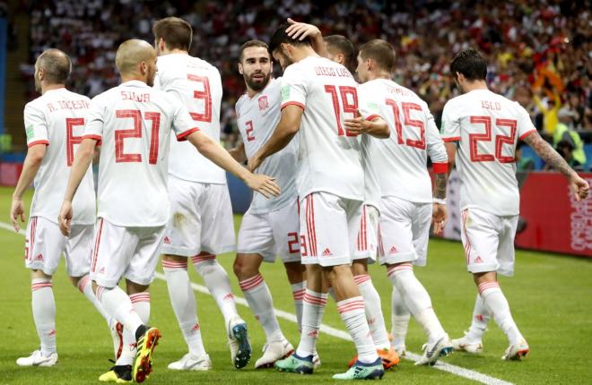 Los jugadores españoles celebran el tanto de Diego Costa en el partido de España ante Irán en el Mundial de Rusia 2018.