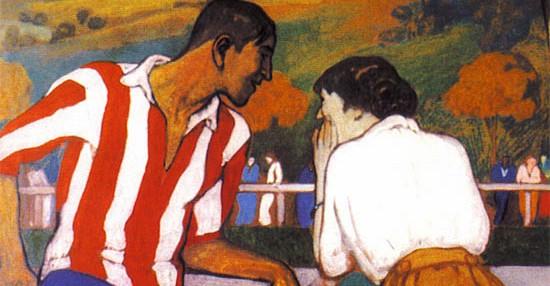 El delantero del Athletic Club 'Pichichi' junto a su novia Nina en un cuadro de Arteta.