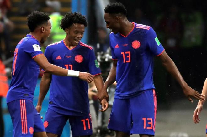 Mina, central de Colombia, durante la celebración del Mundial de Rusia 2018 celebrando un gol