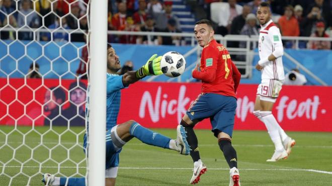 Aspas, en el España-Marruecos del Mundial de Rusia 2018, durante su gol en el partido.