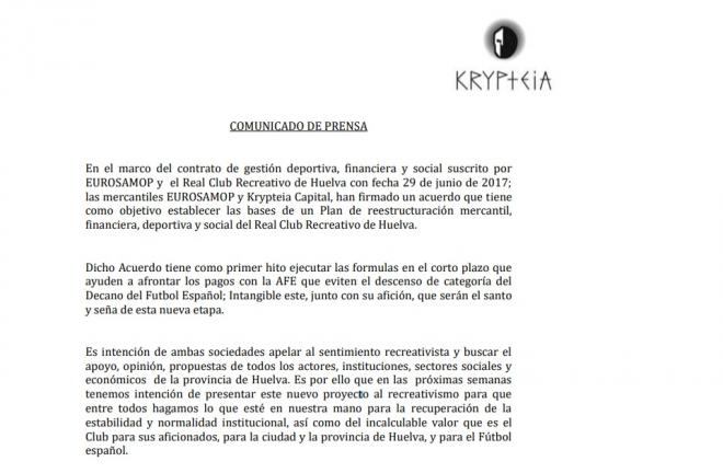 Comunicado de Krypteia Capital sobre el Recreativo de Huelva.