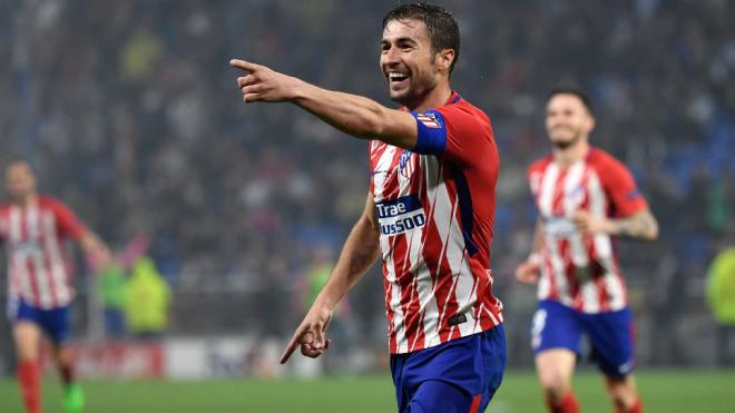 Gabi festeja el 0-3 en en la final de la Europa League que el Atlético de Madrid ganó al Marsella.