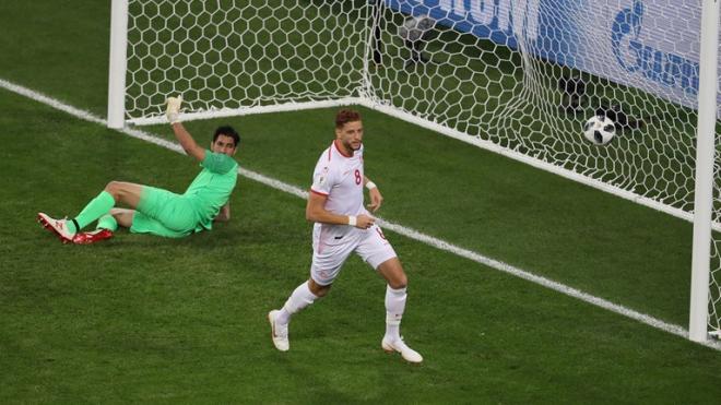 Ben Youssef celebra su gol con Túnez ante Panamá en el Mundial de Rusia.