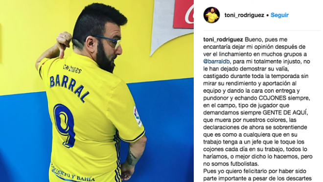 Mensaje del humorista Toni Rodríguez en el que defiende a David Barral, exjugador del Cádiz.