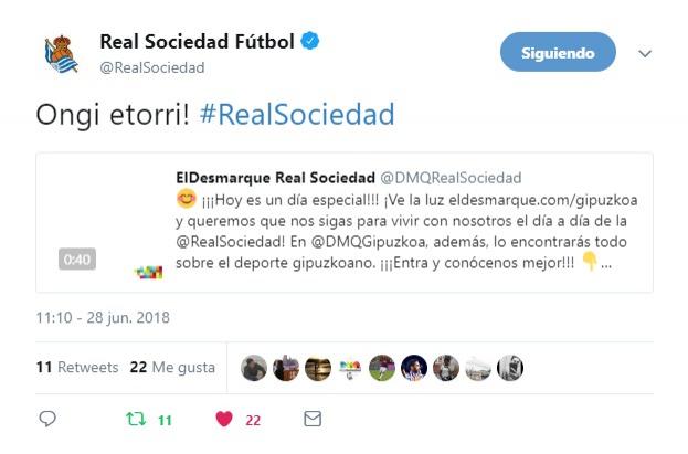 La Real Sociedad nos da la bienvenida. (Foto: Twitter)