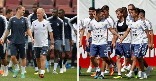 Las selecciones de Francia y Argentina en dos entrenamientos previos al Mundial de Rusia.