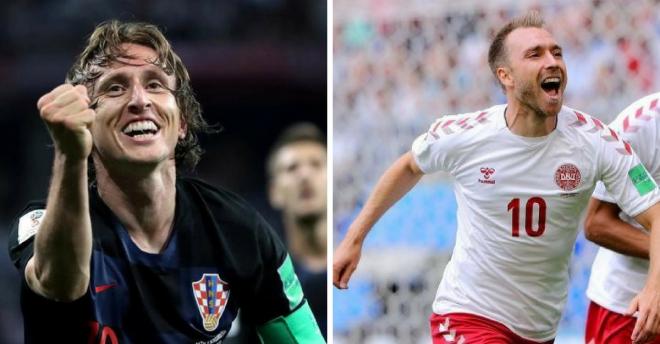 Luka Modric y Christian Eriksen celebran sus goles con Croacia y Dinamarca.