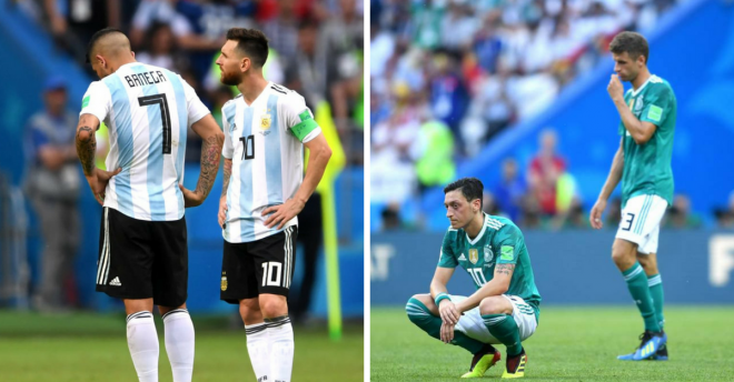 Jugadores argentinos y alemanes, se lamentan tras ser eliminados.