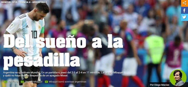 Portada online del diario Olé sobre la eliminación de Argentina ante Francia en el Mundial de Rusia 2018.