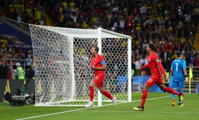 Harry Kane celebra su gol a Colombia en los octavos del Mundial de Rusia 2018.