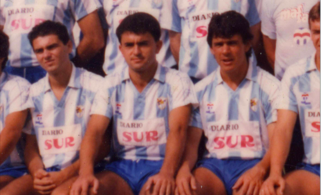 Rivas, en el centro, junto a Azuaga y Espinosa (Foto: Málaga CF).