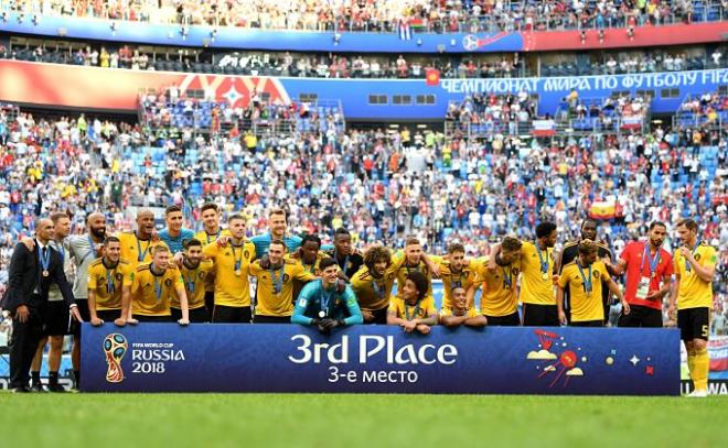 Los jugadores belgas celebran el tercer puesto del Mundial de Rusia 2018 conseguido ante Inglaterra.