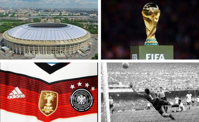 El estadio Luzhniki, la copa del mundo, el logo de campeones y el gol de Ghiggia a Brasil en 1950.