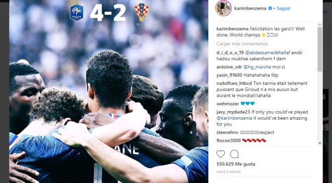 El mensaje de Benzema en su Instagram.