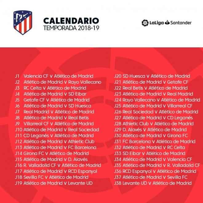 Los 38 partidos que disputará el Atlético de Madrid en la temporada 2018/19.