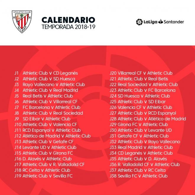 Calendario liguero del Athletic Club para la temporada 2018/19
