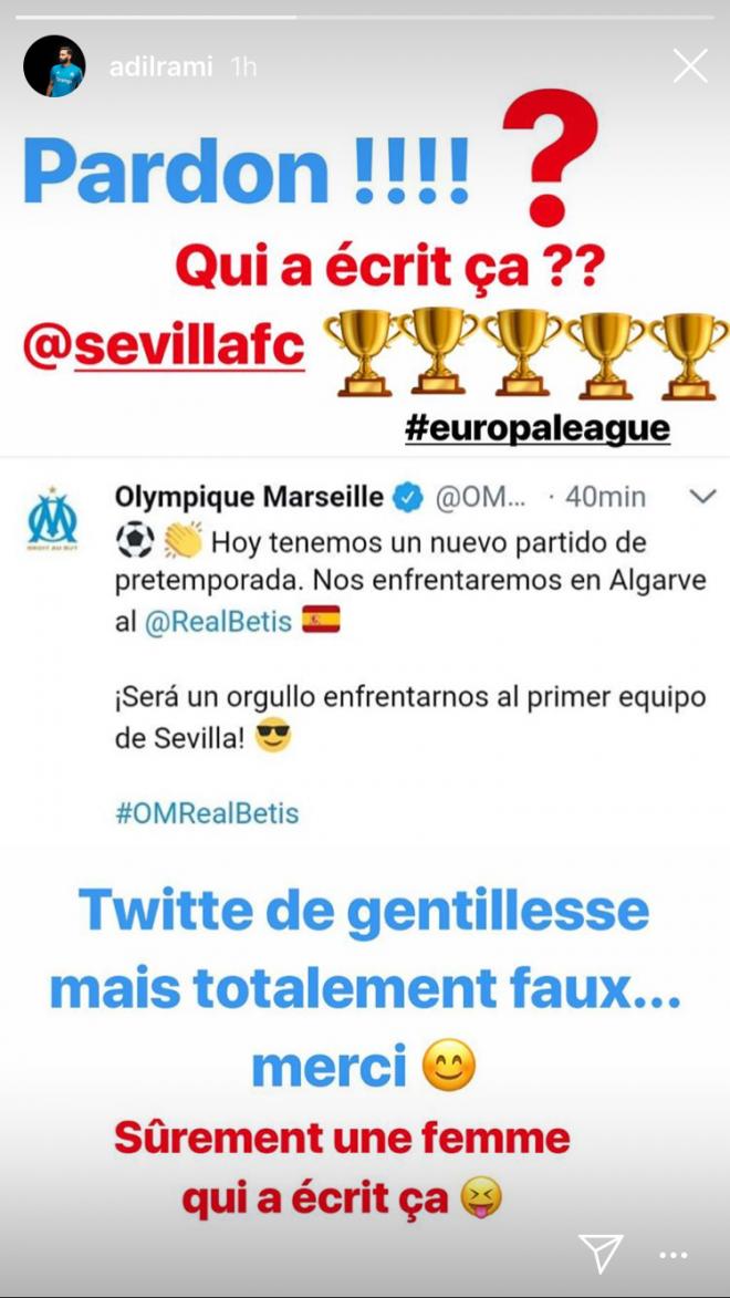 La respuesta de Adil Rami, exjugador del Sevilla, al Olympique de Marsella por su mensaje sobre el amistoso que van a jugar contra el Betis (Foto: @adilrami).