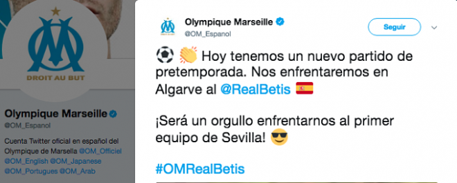 El mensaje del Olympique de Marsella para recordar el duelo contra el Betis.