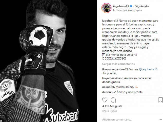 Herrerín lanza en su Instagram un mensaje optimista tras conocerse el alcance de su lesión.