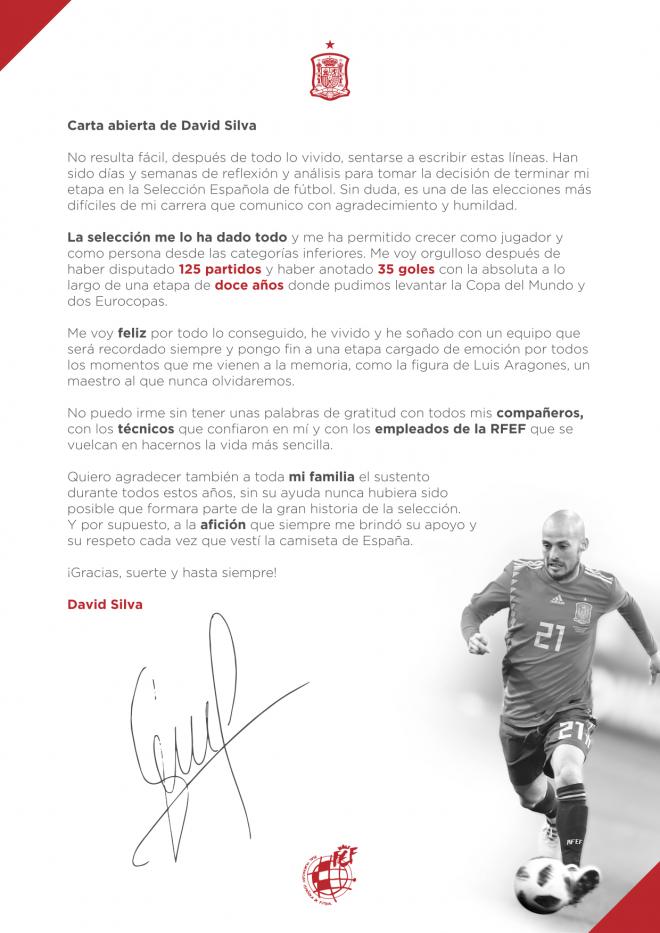 Carta de despedida de David Silva de la selección española.