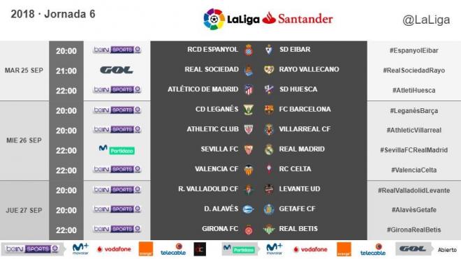 Horarios Jornada 6 de la Liga Santander